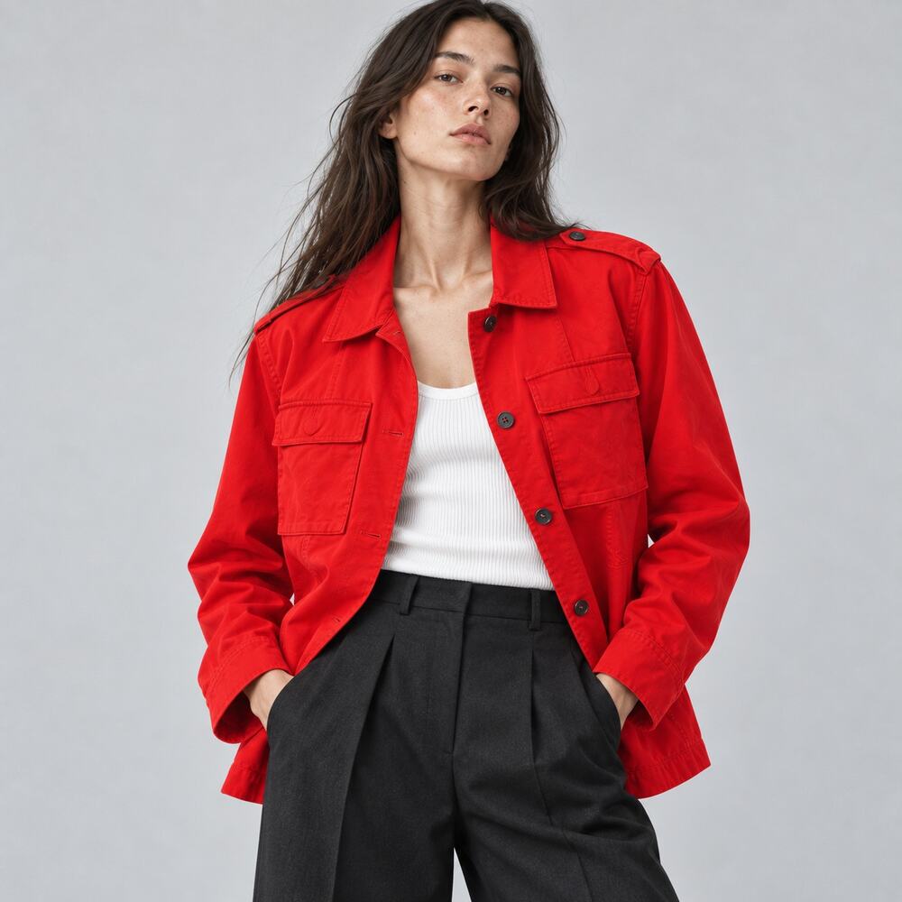 & Other Stories Orange Red Cotton Utility Shirt Jacket Shacket Women's US 4